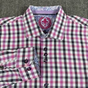Au Noir Men's Shirt Size 4 Pink Black Plaid Paisley Trim Long Sleeve Cotton